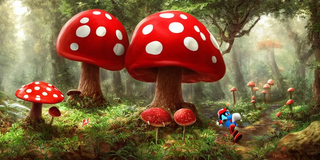 Image similar to Mario roaming through a forest landscape, Mushroom Kingdom, Super Mario Theme, giant red and white spotted mushrooms, by Stanley Artgerm Lau , greg rutkowski, thomas kindkade, alphonse mucha, loish, norman Rockwell