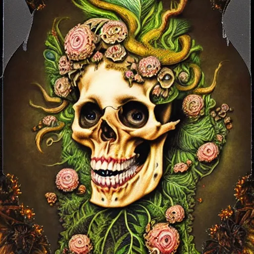 Prompt: a beautiful detailed front view rococo portrait of a rotten woman corpse becoming almost a skull with fractal plants and fractal flowers and mushrooms growing around, intricate, ornate, volumetric light, beautiful lit, polaroid photography, the northman