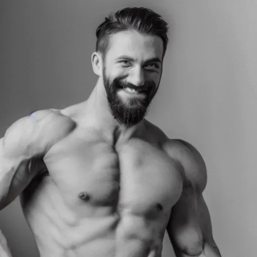 Image similar to lack and white photography of a very muscular man smiling with a chiseled jawline and trimmed beard