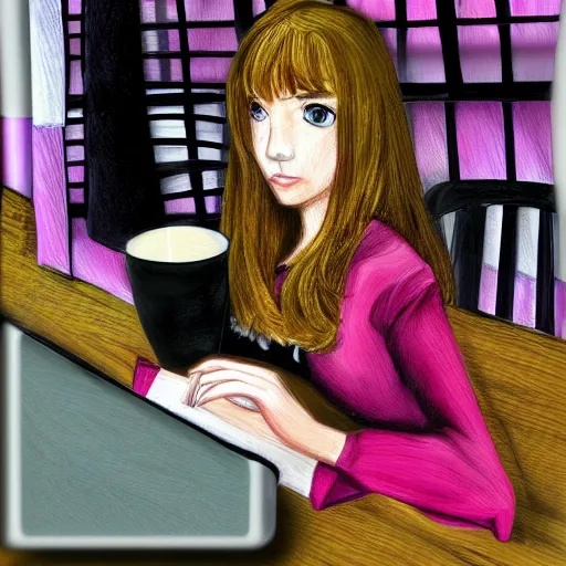 Image similar to marisa kirisame, cafe, typing on laptop, digital art