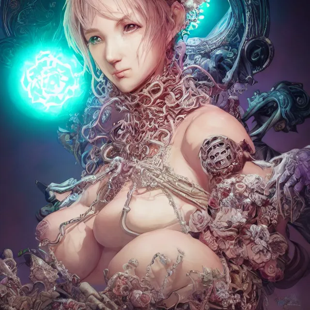 Image similar to the portrait of chaotic evil female necromancer mastermind as absurdly beautiful, gorgeous, elegant, handsome young gravure idol, an ultrafine hyperdetailed illustration by kim jung gi, irakli nadar, intricate linework, bright colors, octopath traveler, final fantasy, unreal engine 5 highly rendered, global illumination, radiant light, detailed and intricate environment