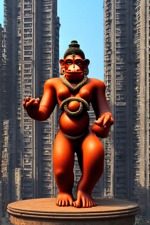 Image similar to high quality 3 d cyberpunk biomorphic hanuman! monument & buildings in mumbai!!, highly detailed, cinematic smooth, berenice abbott & john j. park, soft morning light, wide shot, high angle, uhd 8 k, sharp focus