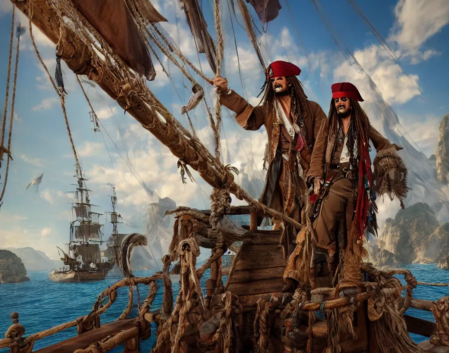 Image similar to happy captain jack sparrow on pirate ship, beautiful texture, beautiful graphics, fantasy artwork, very beautiful scenery, hd, hdr, ue 5, ue 6, unreal engine 5, cinematic 4 k wallpaper, 8 k, ultra detailed, by popular digital, details, beautiful image ever created, high resolution, artstation, award winning