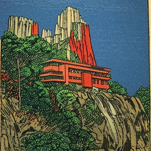 Image similar to master color woodblock print, fallingwater