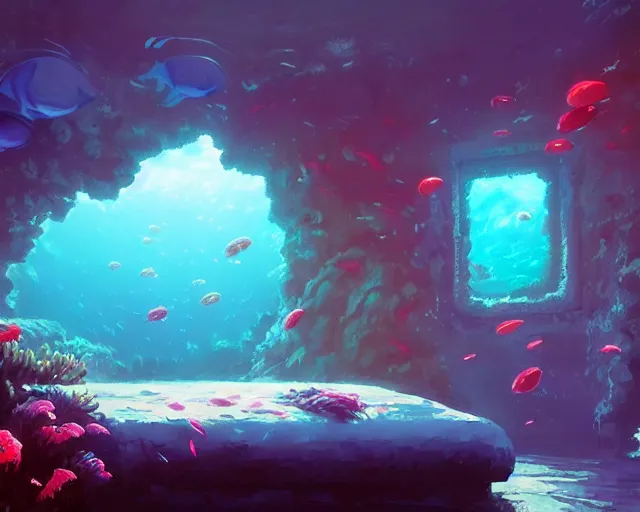 Prompt: underwater coral reef bedroom, bubbles, radiant light, fantasy art by alena aenami and greg rutkowski, artstation, pixiv, deviantart