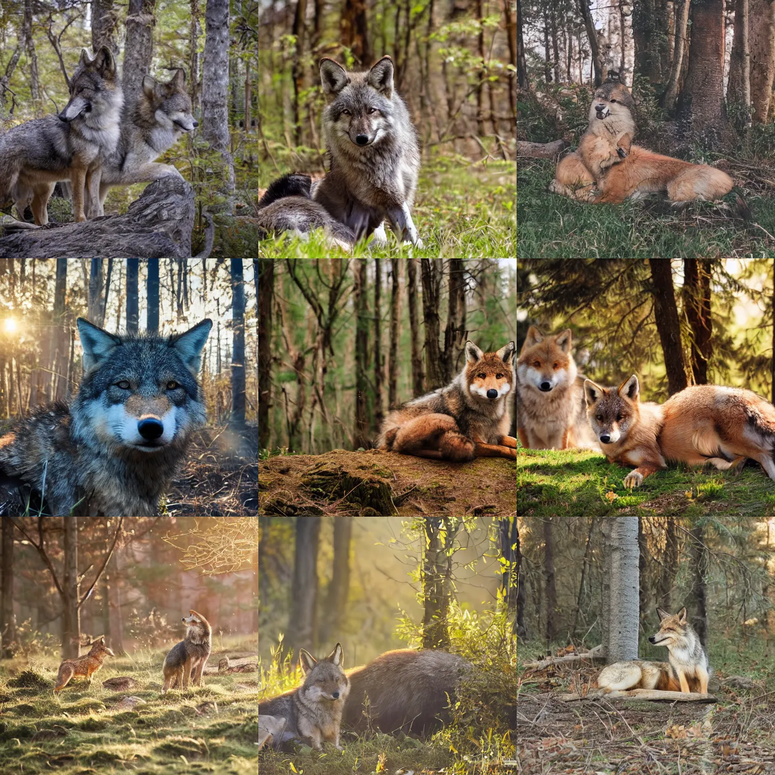 Prompt: a photograph of a wolf sitting with a fox in the forest, soft golden hour lighting