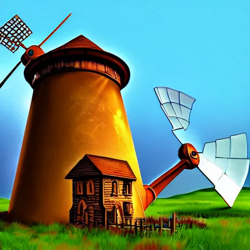 Image similar to discworld theme, linux, windmill, broken pipe, 3 d art, digital illustration, perfect lighting