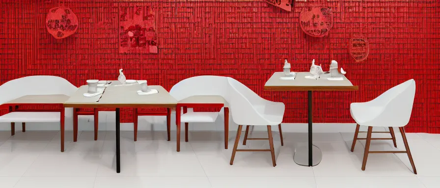 Prompt: a beautiful simple interior render of small roasted string hotpot restaurant restaurant yan'an, wall corner, from china, red paper wall and white tile floor, rectangle white porcelain table, fine simple delicate structure, chinese style, simple composition, simple style structure decoration design, victo ngai, 4 k hd