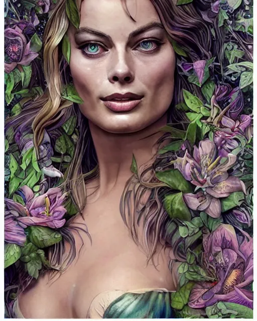 Prompt: Margot robbie as a beautiful tattooed female maid wearing a magical bikini in a magical forest, highly detailed and realistic face, rain drops on face, beautiful detailed eyes with a piercing gaze, fantasy art, in the style of artgerm, illustration, epic, fantasy, intricate, hyper detailed, artstation, concept art, smooth, sharp focus, ray tracing, vibrant, photorealistic