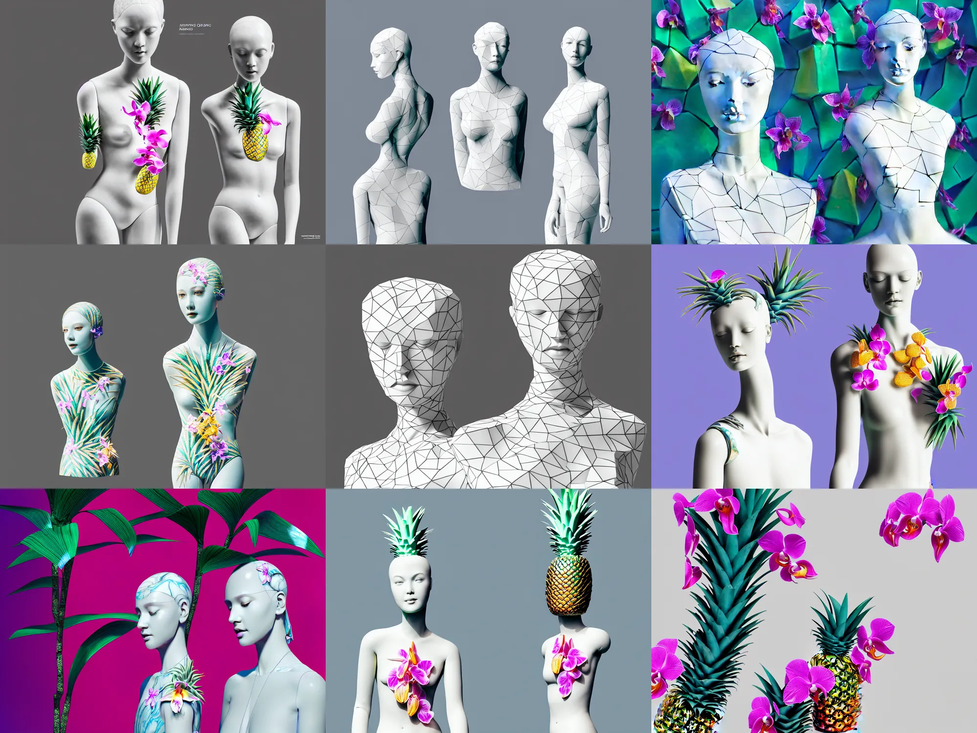 Prompt: “ a beautiful mannequin made of marble printed in 3 d geometric neon + kintsugi, flowering iridescent pineapples + orchids, transcendent, vibrant color, clean linework, finely detailed, 4 k, trending on artstation, photorealistic, volumetric lighting, octane render ”