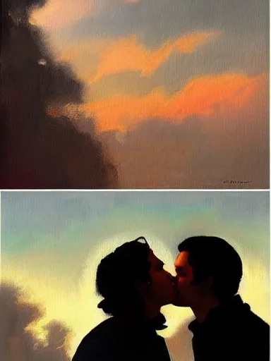 Image similar to masterpiece painting by salman toor, of a solo individual portrait of a guy and a girl kissing, cinematic light, renaissance, atmospheric effects, artstation