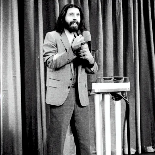 Image similar to Photo still of Jesus Christ in 1990s clothing doing a stand-up routine in front of an audience in a dimly lit comedy club, in the style of the TV show Seinfeld (1994)