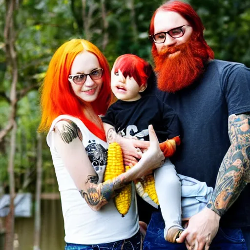 Prompt: photo of a slender attractive couple. The woman has long straight red orange hair. The man has a dark thick neatly groomed beard and tattoos. They are holding a giant corn and a cute baby.