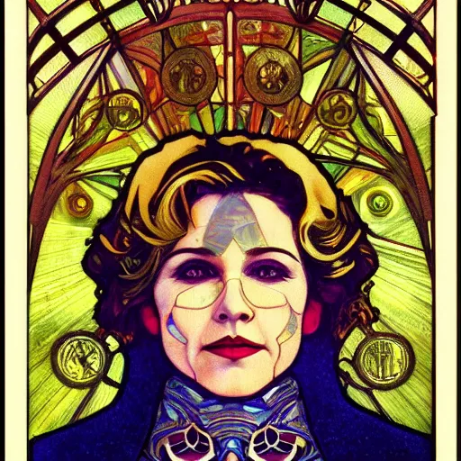 Prompt: a dramatic ethereal epic symmetrical painting of a handsome hilary clinton | tarot card, art deco, art nouveau, steampunk, realistic | by louis comfort tiffany and alphonse mucha | trending on artstation