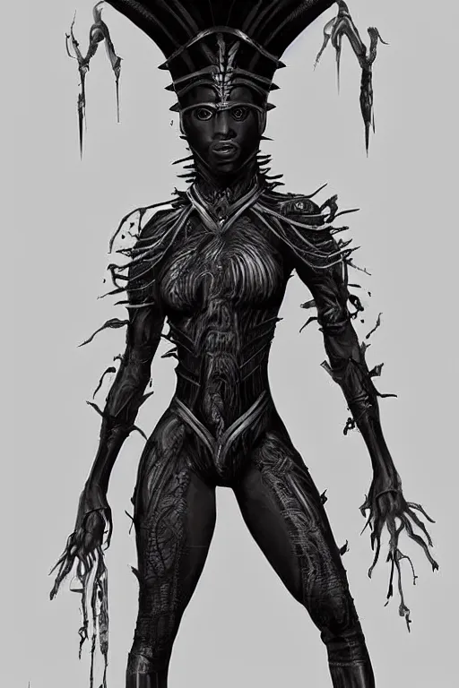 Image similar to ninja african princess with an afro in the style of giger. wearing cloak, medieval body armor, artgerm, trending on artstation, character concept art.