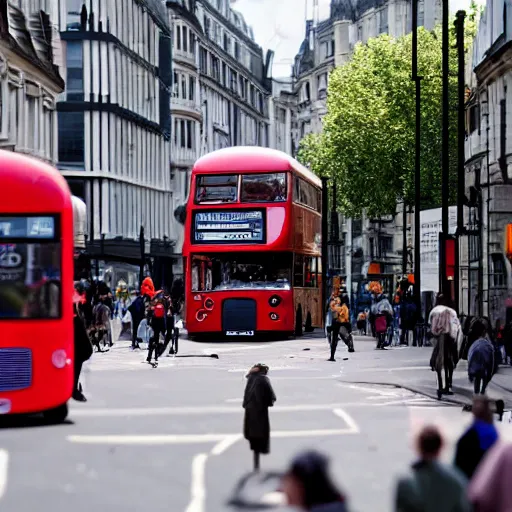 Image similar to a giant ant in a london street with a red double decker bus in it's jaws and people running in horror, photography, cinematic