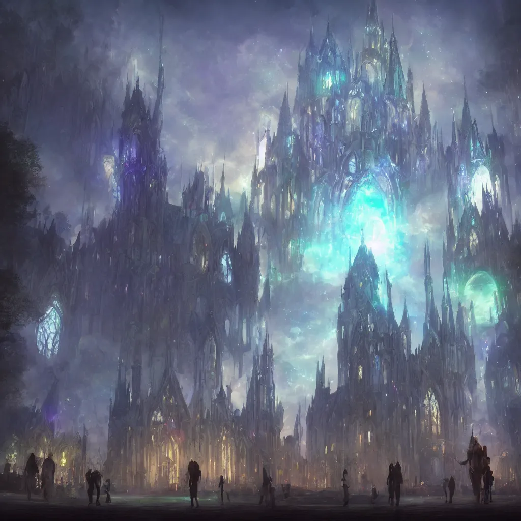 Image similar to huge towering magical university, extreme drama, distant glowing figures, hdr, movie still, glowing luminescent invocations, fully photorealistic, artstation, beautiful concept art, smoothened, sharp luminescent focus, nd 6, sony fx 6