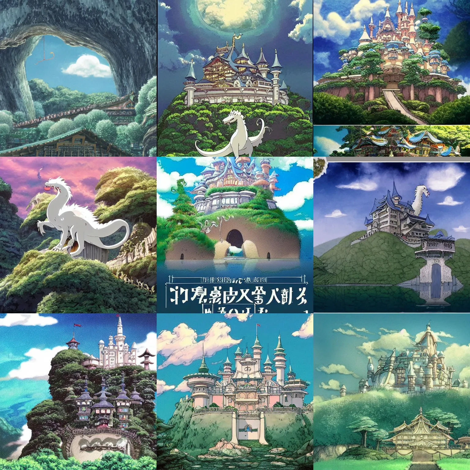 Prompt: a magical palace on a mountain, a white dragon spirit flying in the sky, miyazaki's animated film, ghibli studio,