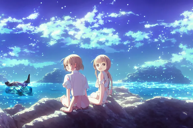 Image similar to a panorama distant view under the water, underwater world, anime art full body portrait character concept art, hyper detailed cg rendering of a cute girl and whale, anime key visual of violet evergarden, finely detailed perfect face, style of raphael lacoste, makoto shinkai, violet evergarden, studio ghibli, james jean, hayao miyazaki, extremely high quality artwork