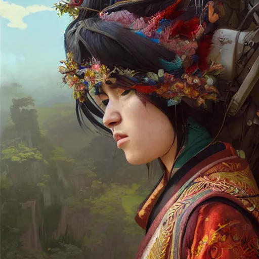 Image similar to Hyper realistic detailed portrait of Kurdish samurai, Stephen Bliss, unreal engine, fantasy art by Greg Rutkowski, Loish, Rhads, ferdinand knab, Makoto Shinkai and Lois van baarle, ilya kuvshinov, rossdraws, Tom Bagshaw, alphonse mucha, global illumination, radiant light, detailed and intricate environment, highly detailed, award winning art