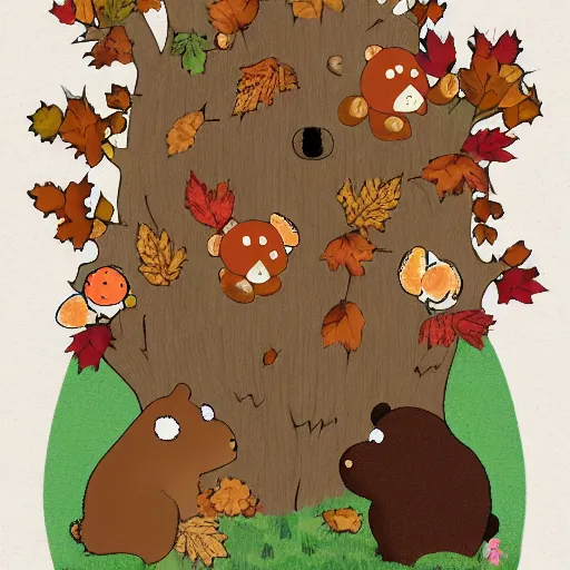 Image similar to autumnal woods with teddy bears, in the style of over the garden wall