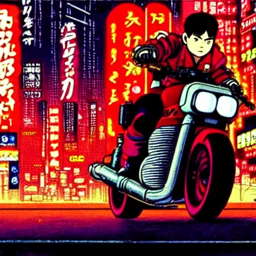 Image similar to kaneda on his motorcycle in neo tokyo looking for akira, night, neon lights, speed, art by katsuhiro otomo, ultra detailed, 8 k