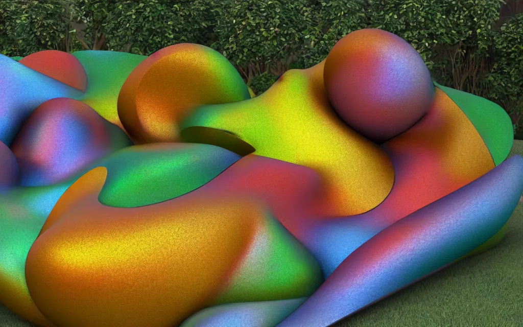 Image similar to abstract etched embossed forms as a colorful metallic sculpture in a garden , smooth shiny reflective texture, sculpted by Henry Moore Barbara Hepworth , Matte painting V Ray, warm volumetric lighting , 3D 8K HD trending on art station