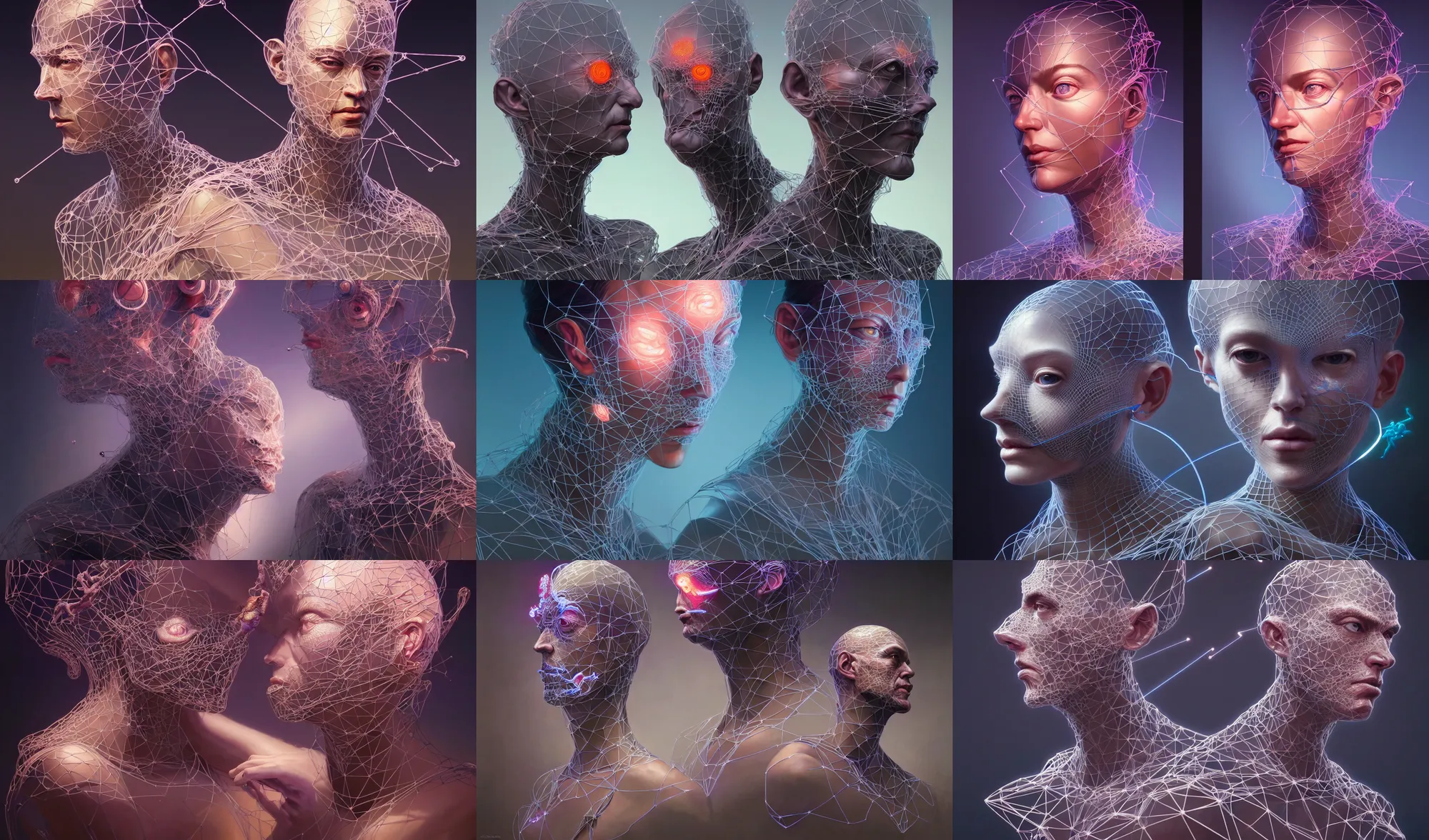 Prompt: beautiful portrait, crumpled high poly 3 d glowing wireframe models, lasers, ultra realistic, intricate details, holographic artifacts, highly detailed by peter mohrbacher, boris vallejo, hajime sorayama, wayne barlowe, paolo eleuteri serpieri