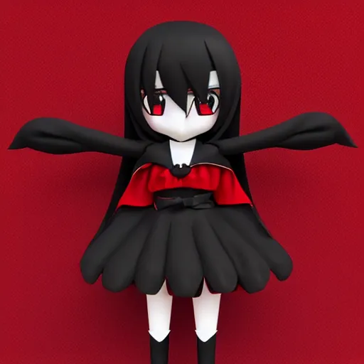 Image similar to cute fumo plush of a gothic maiden in a dark black uniform with a red cape, laces and ribbons, cel shading, anime girl, vray, symmetry
