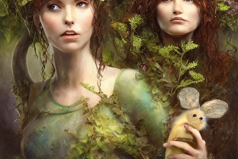 Image similar to portrait character design painting, dryad musician inspired by brian froud, portrait, accompanied by a cute feathered mouse, studio lighting by jessica rossier and brian froud and gaston bussiere