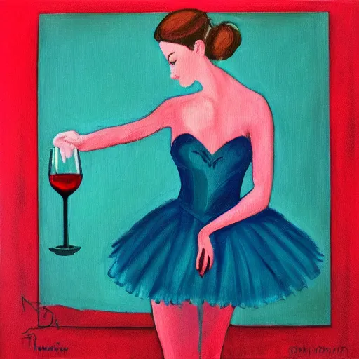 Image similar to square painting of a ballerina drinking wine in a teal room all on a red background