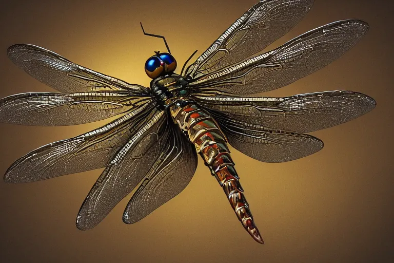 Prompt: super detailed steampunk dragonfly with big eyes and shiny wings, realistic, 4k