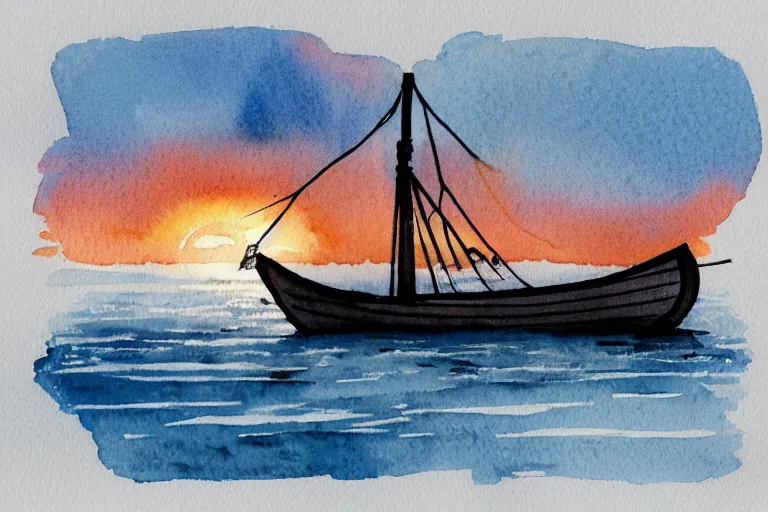 Image similar to Watercolor illustration of a viking ship against the sunset