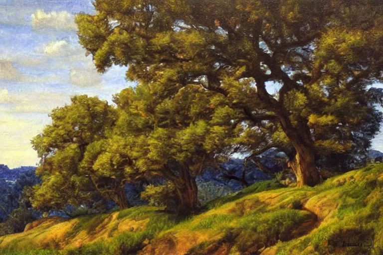 Image similar to masterpiece painting of oak trees on a hillside overlooking a creek, dramatic lighting, by annie swynnerton