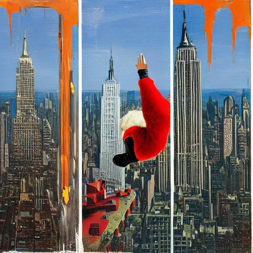 Image similar to Santa buzzing/flying past the empire state building whilst wearing his jetpack neil welliver robert rauschenberg greg rutkowski barnett newman giorgio de chirico simon stalenhag