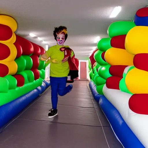 Prompt: chased by a creepy jester in an endless corridor made of bouncy castle, photo