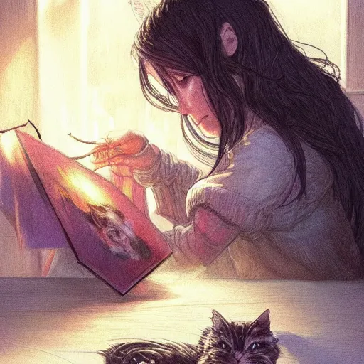 Prompt: a woman with dark wavy hair sitting doing embroidery, a cat sits at her feet, D&D, fantasy, cinematic lighting, highly detailed, digital painting, artstation, concept art, smooth, sharp focus, illustration, warm light, cozy warm tint, magic the gathering artwork, volumetric lighting, 8k, art by Akihiko Yoshida, Greg Rutkowski