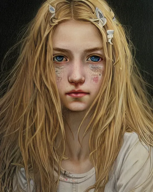 Image similar to portrait of 1 6 - year - old woman with dirty blonde hair down to her waist, pale eyebrows and protuberant silver eyes, wearing white shirt, hyper realistic face, beautiful eyes, fantasy art, in the style of greg rutkowski, intricate, alphonse mucha, hyper detailed, smooth