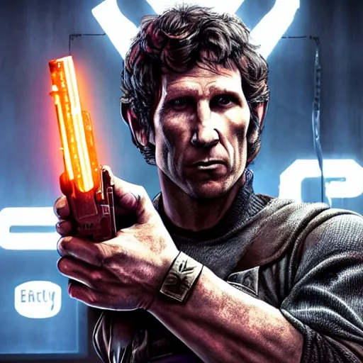 Image similar to todd howard with a pistol, forcing you to buy skyrim, threatening, sharp, cinematic, colorful, digital art, neon, bright, cyberpunk, blade runner 2 0 4 9, realism, bold