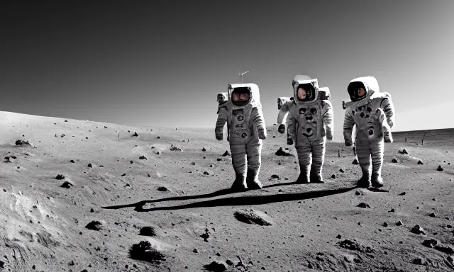 Prompt: astronauts standing on a hill on the moon dramatic harsh lighting lander in the far distance Doug Chiang Marc Gabbana earth in the far distance Anamorphic Cinematic Volumetric Lighting Epic Composition