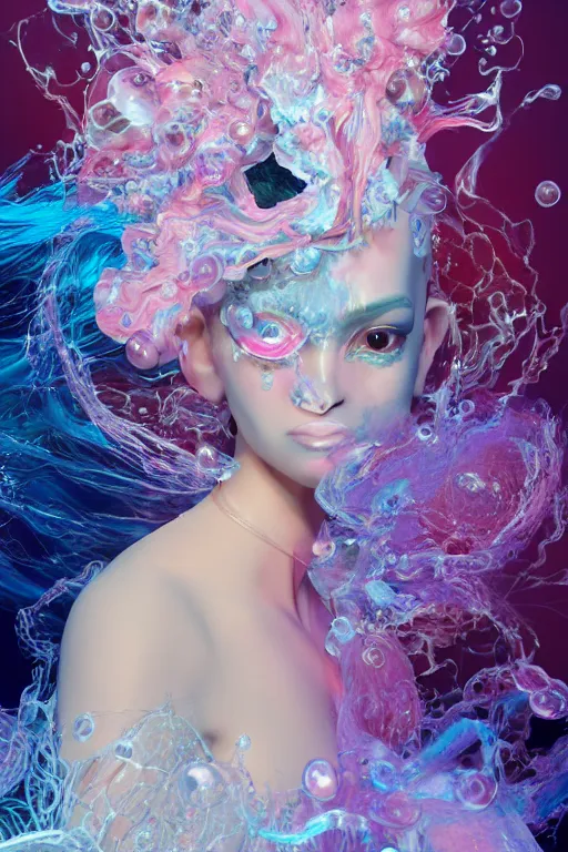 Prompt: an epic puerto rican model, subject made of white melting porcelain, mesh headdress, chrome mask, flowing dress, with cerulean and pastel pink bubbles bursting out, delicate, beautiful, intricate, melting into vulpix, houdini sidefx, by jeremy mann and ilya kuvshinov, jamie hewlett and ayami kojima, bold 3 d