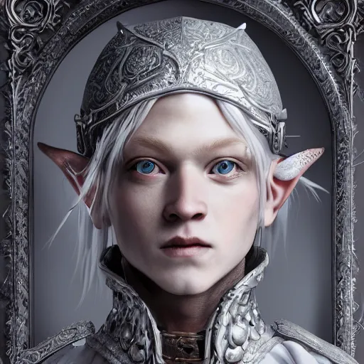 Prompt: studio portrait of albino snow elf archer in an ornate silver armour, handsome, elegant, ultrafine hyperrealistic detailed face illustration by kim jung gi, irakli nadar, intricate linework, sharp focus, bright colors, matte, octopath traveler, final fantasy, unreal engine highly rendered, global illumination, radiant light, intricate environment