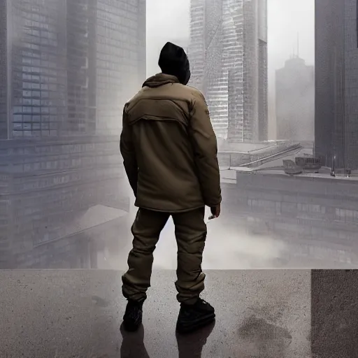 Image similar to A broad shouldered, muscular man wearing Acronym p-31 Ds pants and beige-earth Parka jacket and Nike Acronym presto sneakers, rooftop, sniper rifle stationed in background, Police sirens shining in far background, trending on r/techwearclothing, high quality, digital art, dirty cyberpunk city, rain, greg rutkowski