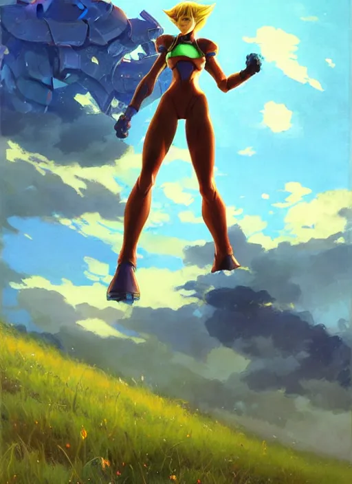 Image similar to Makoto Shinkai painting of Samus from Metroid Prime, countryside, calm, fantasy character portrait, dynamic pose, above view, sunny day, thunder clouds in the sky, artwork by Jeremy Lipkin and Giuseppe Dangelico Pino and Michael Garmash and Rob Rey, very coherent asymmetrical artwork, sharp edges, perfect face, simple form, 100mm