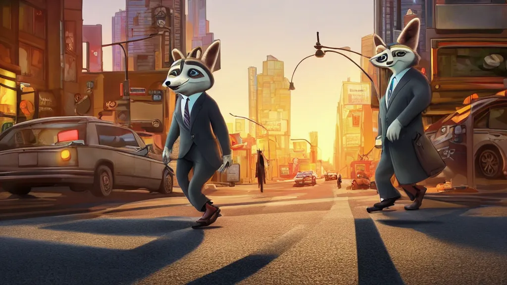 Prompt: An anthropomorphic raccoon businessman is walking down a busy crosswalk at sunset, warm lighting with an orange glow blanketing the cityscape, zootopia, other anthropomorphic characters are walking by him, extremely detailed, HDR, sideview, dramatic, lots of cars and animal people in the background, detailed face and eyes, visible pupils