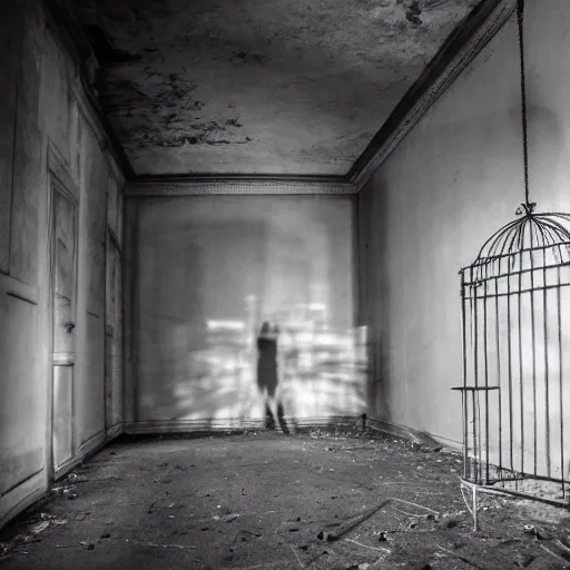 Prompt: a grainy photo of a shadowy figure in a birdcage in an old abandoned hall, black and white, motion blur, long exposure