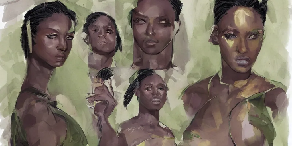 Prompt: a beautiful modern day queen, dark skin, green eyes. concept art. highlight detailed.