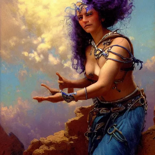 Prompt: a medieval artificer woman, tattoos of cumulus clouds, half-woman-half-cloud, blue-white hair, inquisitively tinkering, candid, cloud and sky color scheme, tribal cloud woman, fantasy character portrait by gaston bussiere, craig mullins
