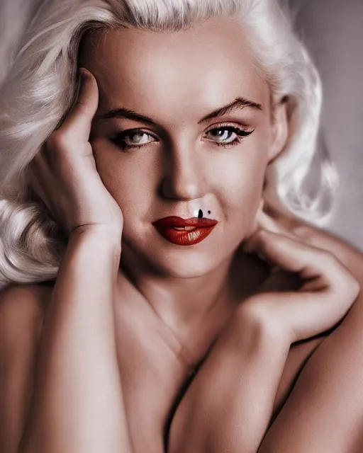 Image similar to Beautiful Head and shoulders portrait of smiling flirty seductive Marilyn monroe with platinum blonde hair, wearing a camisole by arney freytag, artstation, 35mm, fashion photoshoot, laying on a bed in a photo studio, golden hour, bokeh, rim lighting, fashion pose, octane, 4k