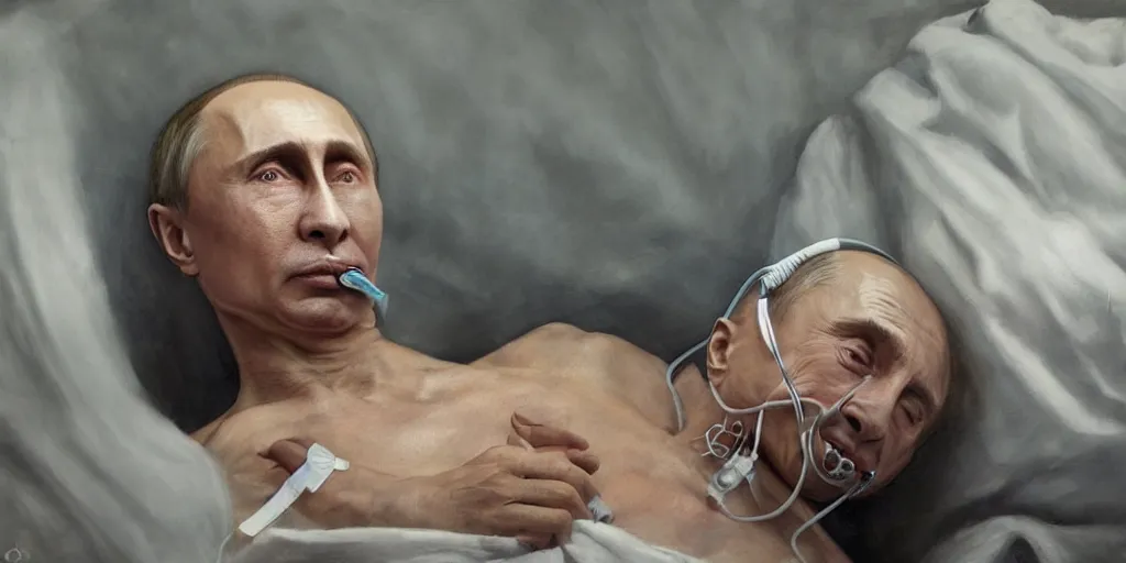 Image similar to hyperrealistic painting of very ill Vladimir Putin as a patient wearing an oxygen mask on a death bed inhaling from Copium tank that stand near his bed, dimly lit cozy tavern, leather tunic, confident relaxed pose, d&d, stunning 3d render inspired art by Tim Okamura and Lise Deharme + perfect facial symmetry + dim volumetric lighting, 8k octane beautifully detailed render, post-processing, extremely hyperdetailed, intricate, epic composition, grim yet sparkling atmosphere, cinematic lighting + masterpiece, trending on artstation, very very detailed, masterpiece, stunning